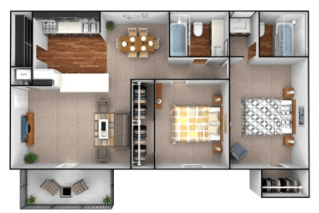 a 3d floor plan of a house with furniture and a staircase